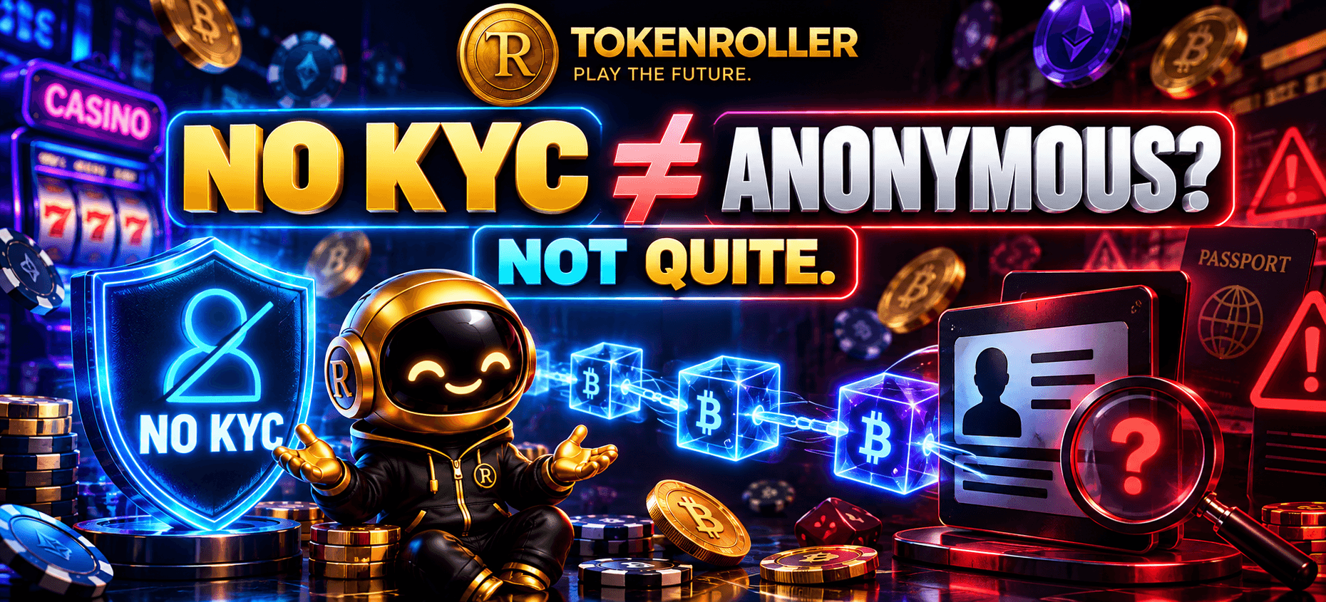 No-KYC crypto casino concept comparing privacy and anonymity, with identity verification, blockchain transaction tracking and withdrawal checks surrounding a crypto casino player.