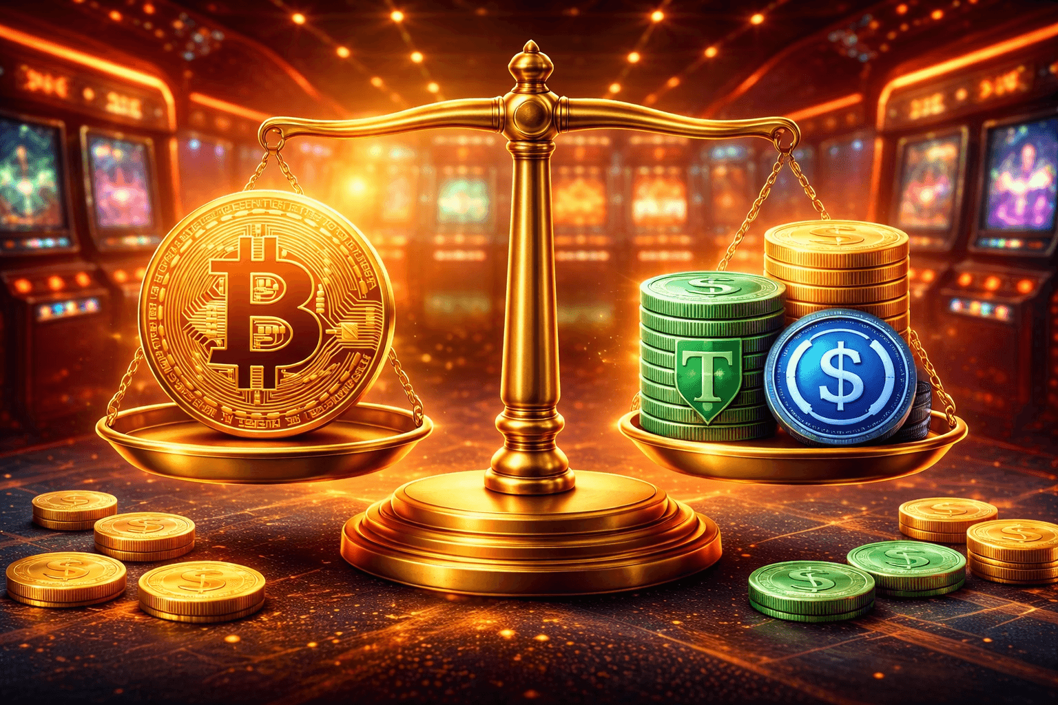 Comparison of Bitcoin and stablecoins in crypto casinos with balance scale concept