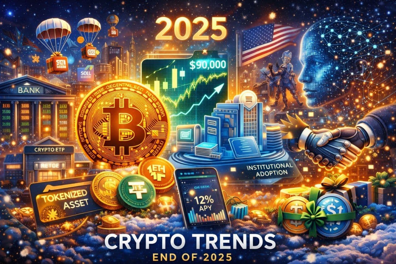 Futuristic illustration showing crypto trends at the end of 2025 with Bitcoin, DeFi charts, blockchain technology, institutional adoption, and Web3 gaming elements.