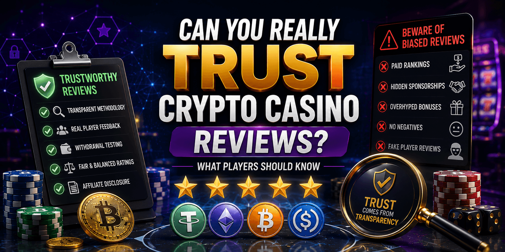 crypto casino review trust concept showing ratings transparency and review credibility