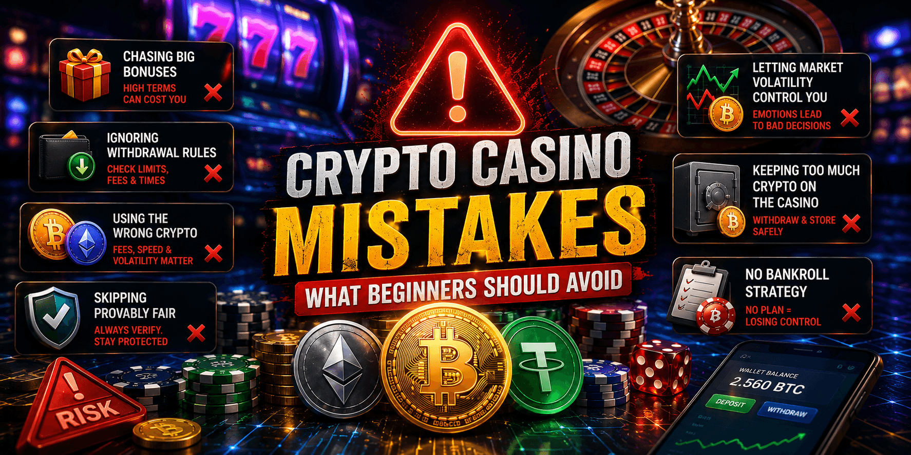 crypto casino beginner mistakes concept with warning symbols and gambling risks