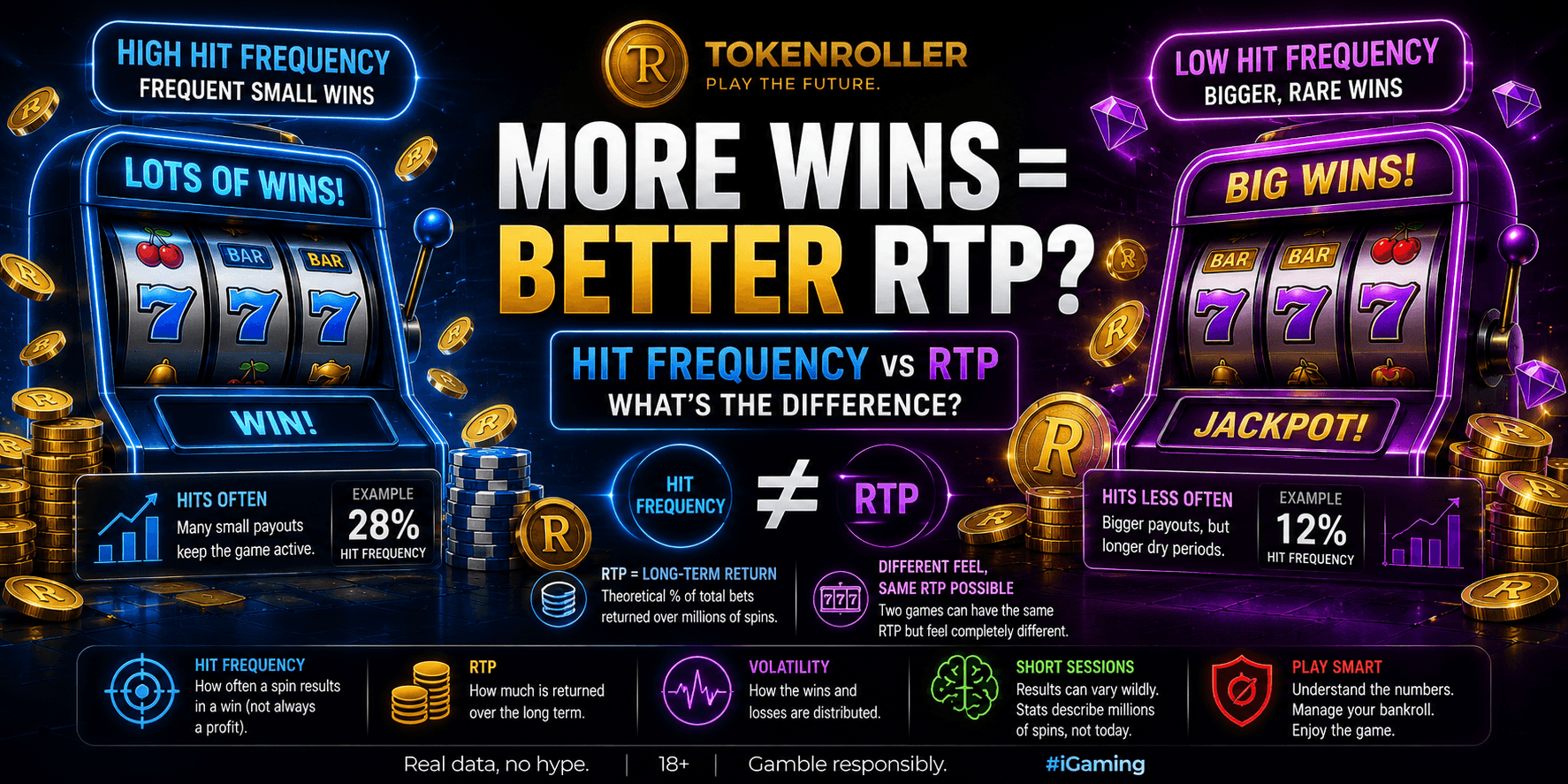 Crypto casino slot comparison illustrating hit frequency vs RTP, with frequent small wins on one side and fewer larger payouts on the other.