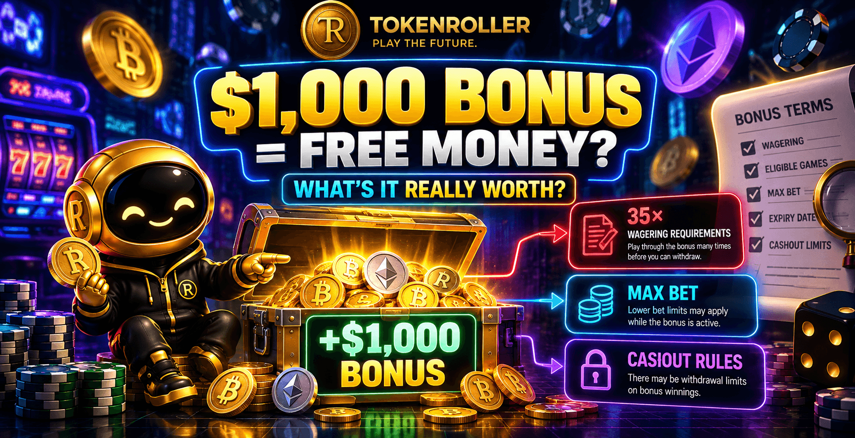 Crypto casino bonus infographic showing a large promotional bonus alongside wagering requirements, game restrictions, maximum bet rules and withdrawal conditions that determine its real value.