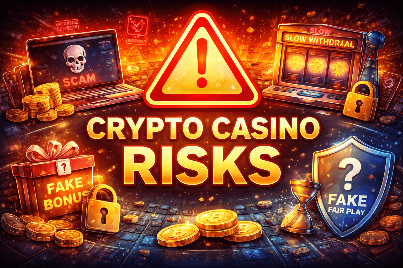 crypto casino risks concept with warning signs and blockchain gambling dangers