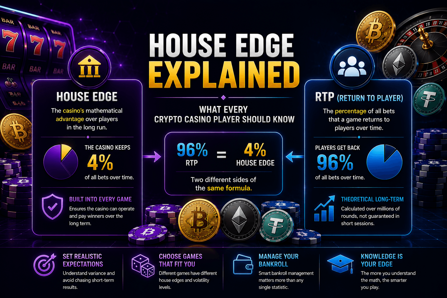house edge explained with RTP comparison and crypto casino mathematics illustration