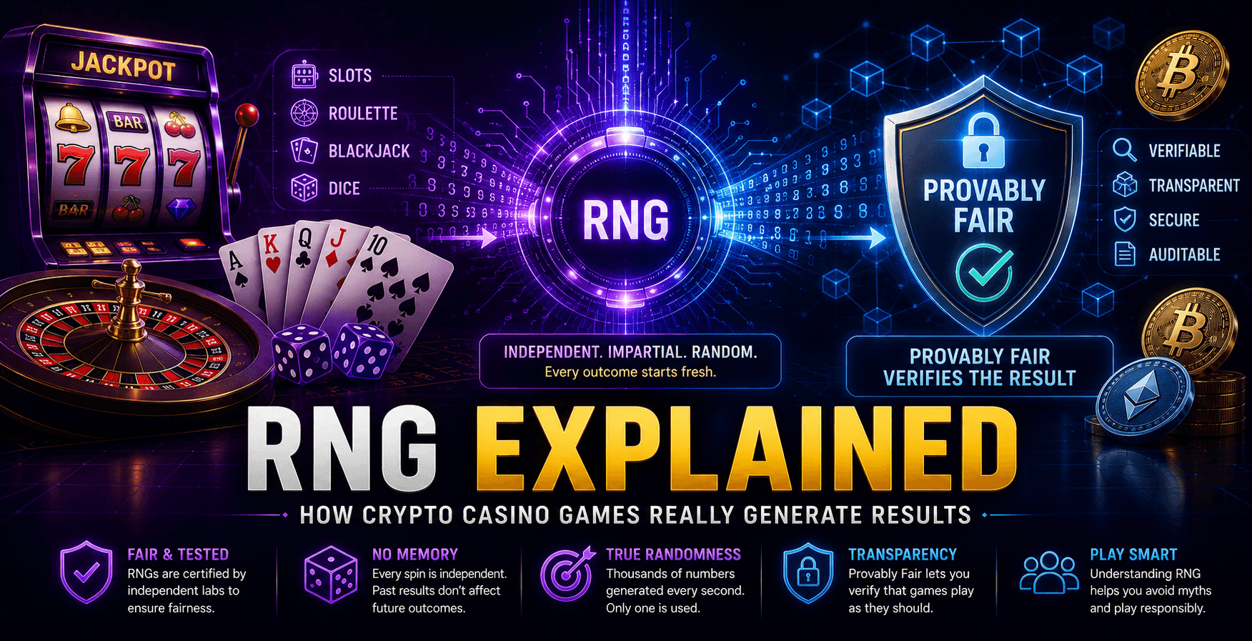 random number generator illustration showing crypto casino game mechanics and provably fair verification