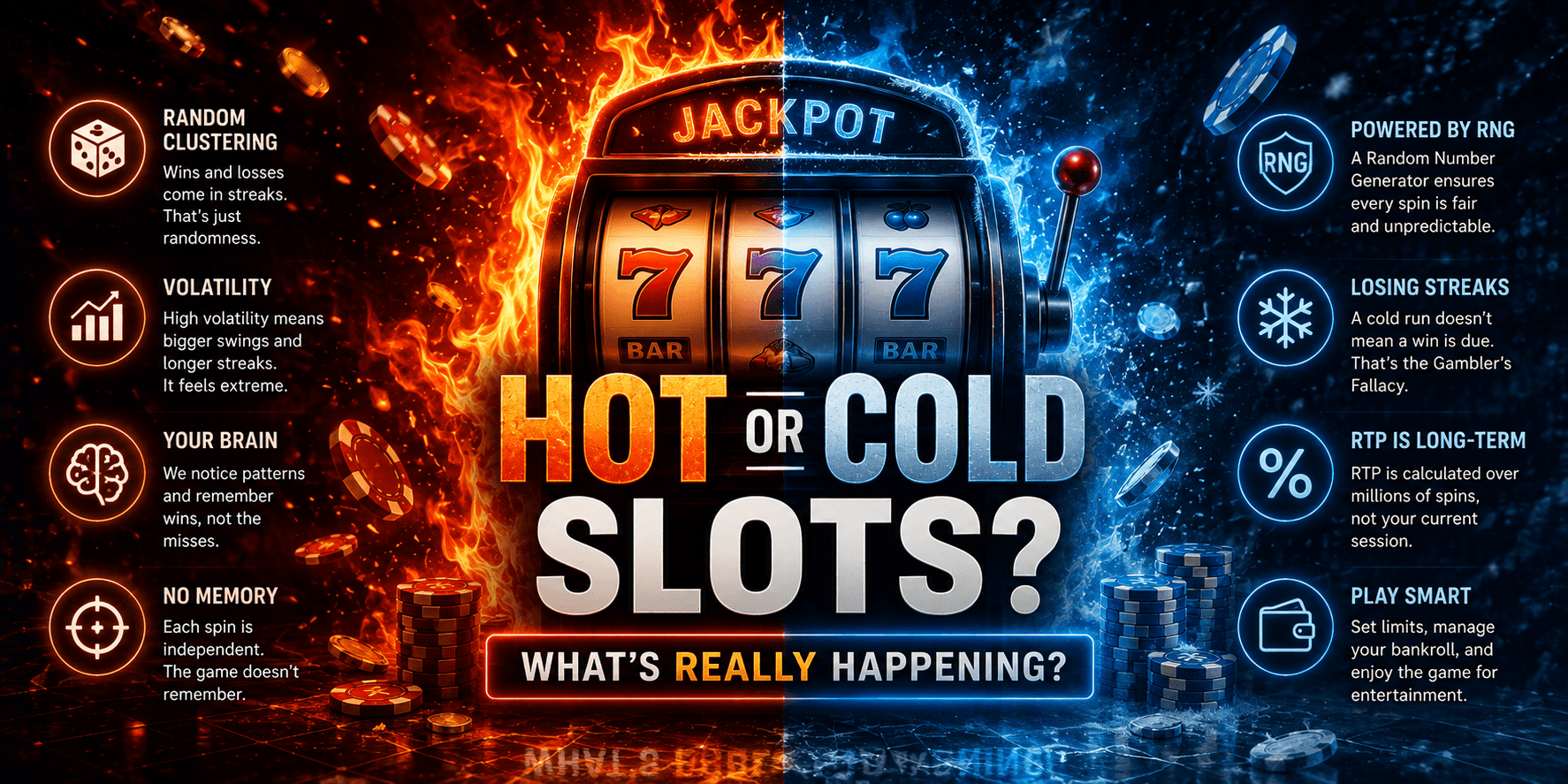Crypto casino slot machine surrounded by hot and cold visual effects, illustrating how RNG, volatility and random winning and losing streaks make slots appear hot or cold.
