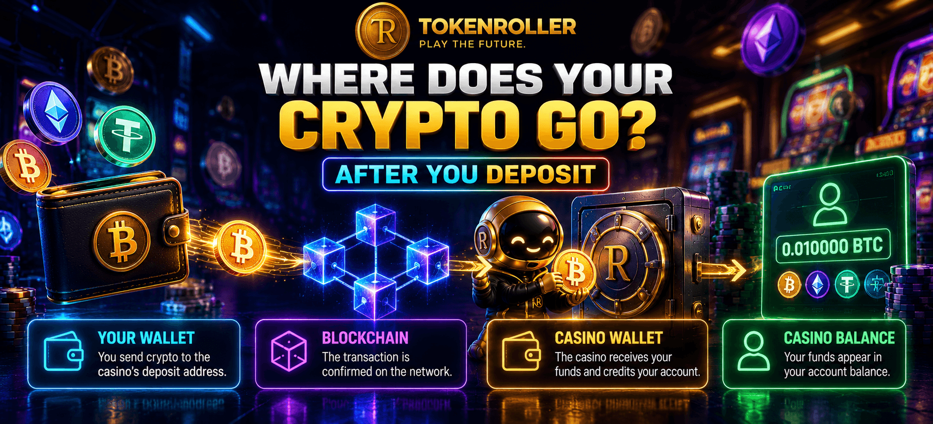 Crypto casino deposit infographic showing cryptocurrency moving from a player's wallet through the blockchain to a casino wallet and internal balance before withdrawal.